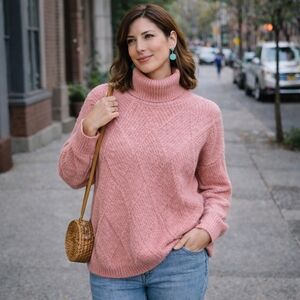 Lumiere Blush Turtleneck Knit Sweater Cozy Textured Diamond Pattern Pullover